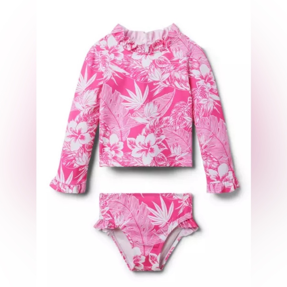 Janie and Jack Pink Palm Print Rashgaurd Swimsuit